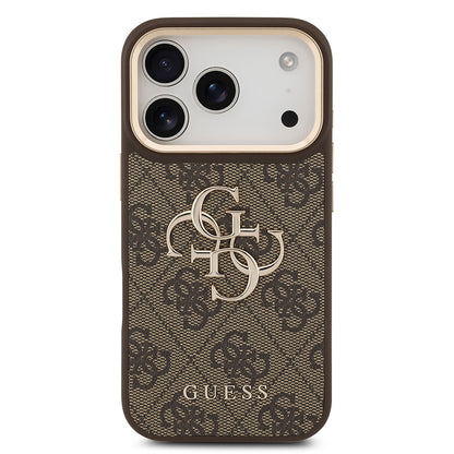 iPhone 17 Pro Kılıf Guess Orjinal Lisanslı Gold Metal Kamera Çerçeveli 4G Desenli Metal Büyük 4G ve Yazı Logolu Kapak