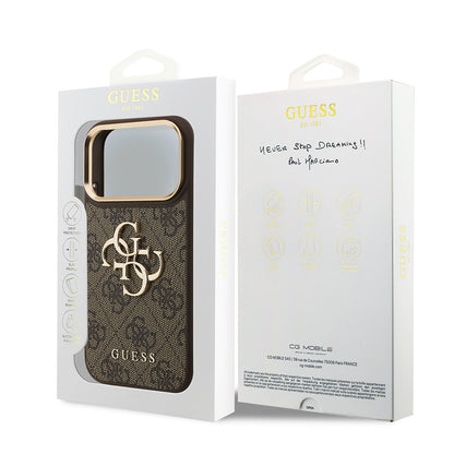 iPhone 17 Pro Kılıf Guess Orjinal Lisanslı Gold Metal Kamera Çerçeveli 4G Desenli Metal Büyük 4G ve Yazı Logolu Kapak