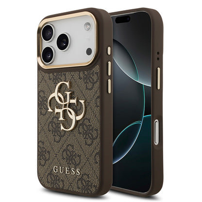 iPhone 17 Pro Kılıf Guess Orjinal Lisanslı Gold Metal Kamera Çerçeveli 4G Desenli Metal Büyük 4G ve Yazı Logolu Kapak