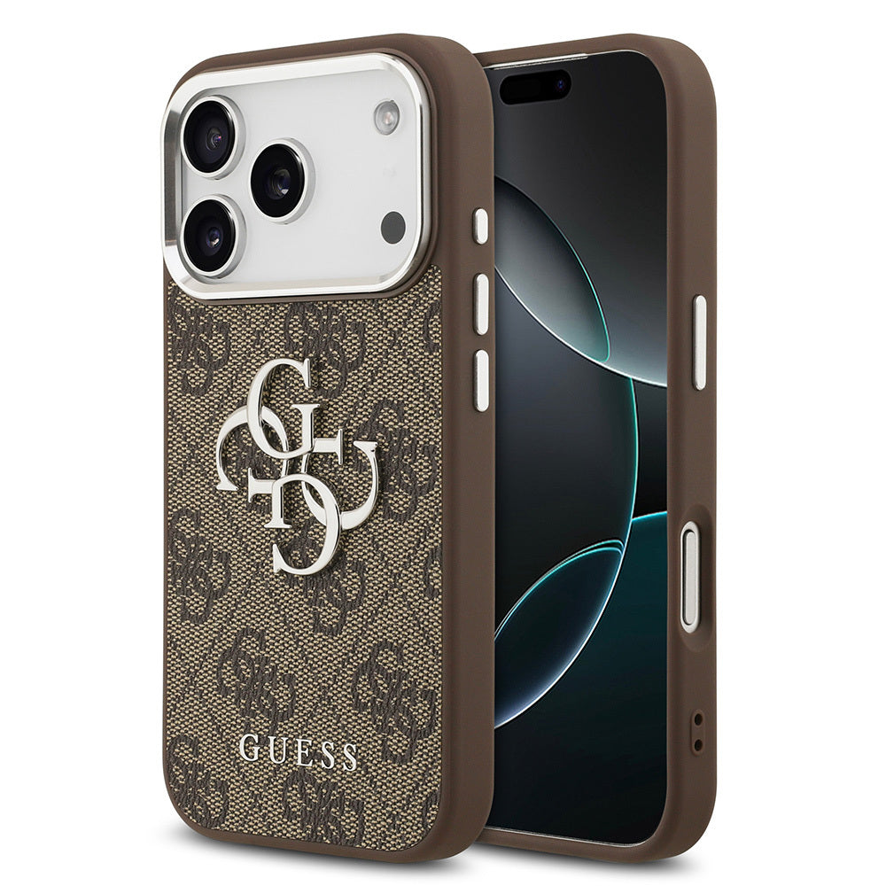 iPhone 17 Pro Kılıf Guess Orjinal Lisanslı Gümüş Metal Kamera Çerçeveli 4G Desenli Metal Büyük 4G ve Yazı Logolu Kapak