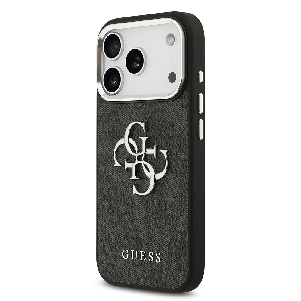 iPhone 17 Pro Kılıf Guess Orjinal Lisanslı Gümüş Metal Kamera Çerçeveli 4G Desenli Metal Büyük 4G ve Yazı Logolu Kapak