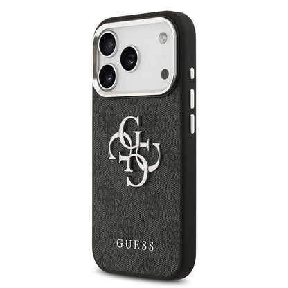 iPhone 17 Pro Kılıf Guess Orjinal Lisanslı Gümüş Metal Kamera Çerçeveli 4G Desenli Metal Büyük 4G ve Yazı Logolu Kapak