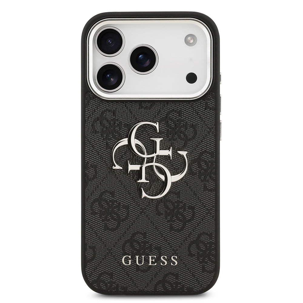iPhone 17 Pro Kılıf Guess Orjinal Lisanslı Gümüş Metal Kamera Çerçeveli 4G Desenli Metal Büyük 4G ve Yazı Logolu Kapak