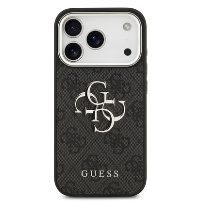 iPhone 17 Pro Kılıf Guess Orjinal Lisanslı Gümüş Metal Kamera Çerçeveli 4G Desenli Metal Büyük 4G ve Yazı Logolu Kapak