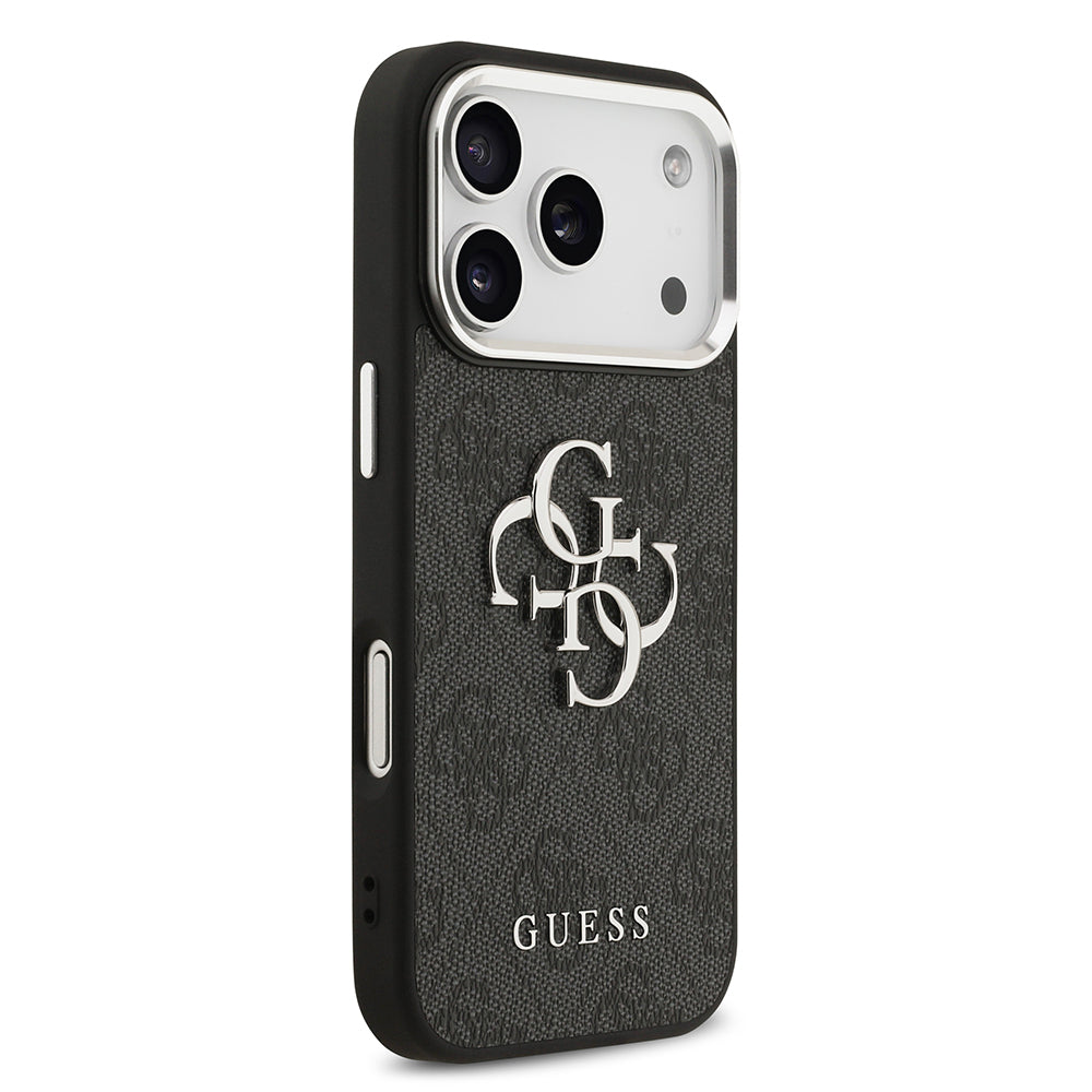 iPhone 17 Pro Kılıf Guess Orjinal Lisanslı Gümüş Metal Kamera Çerçeveli 4G Desenli Metal Büyük 4G ve Yazı Logolu Kapak
