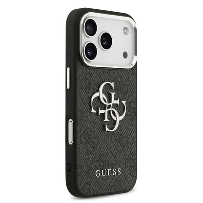 iPhone 17 Pro Kılıf Guess Orjinal Lisanslı Gümüş Metal Kamera Çerçeveli 4G Desenli Metal Büyük 4G ve Yazı Logolu Kapak
