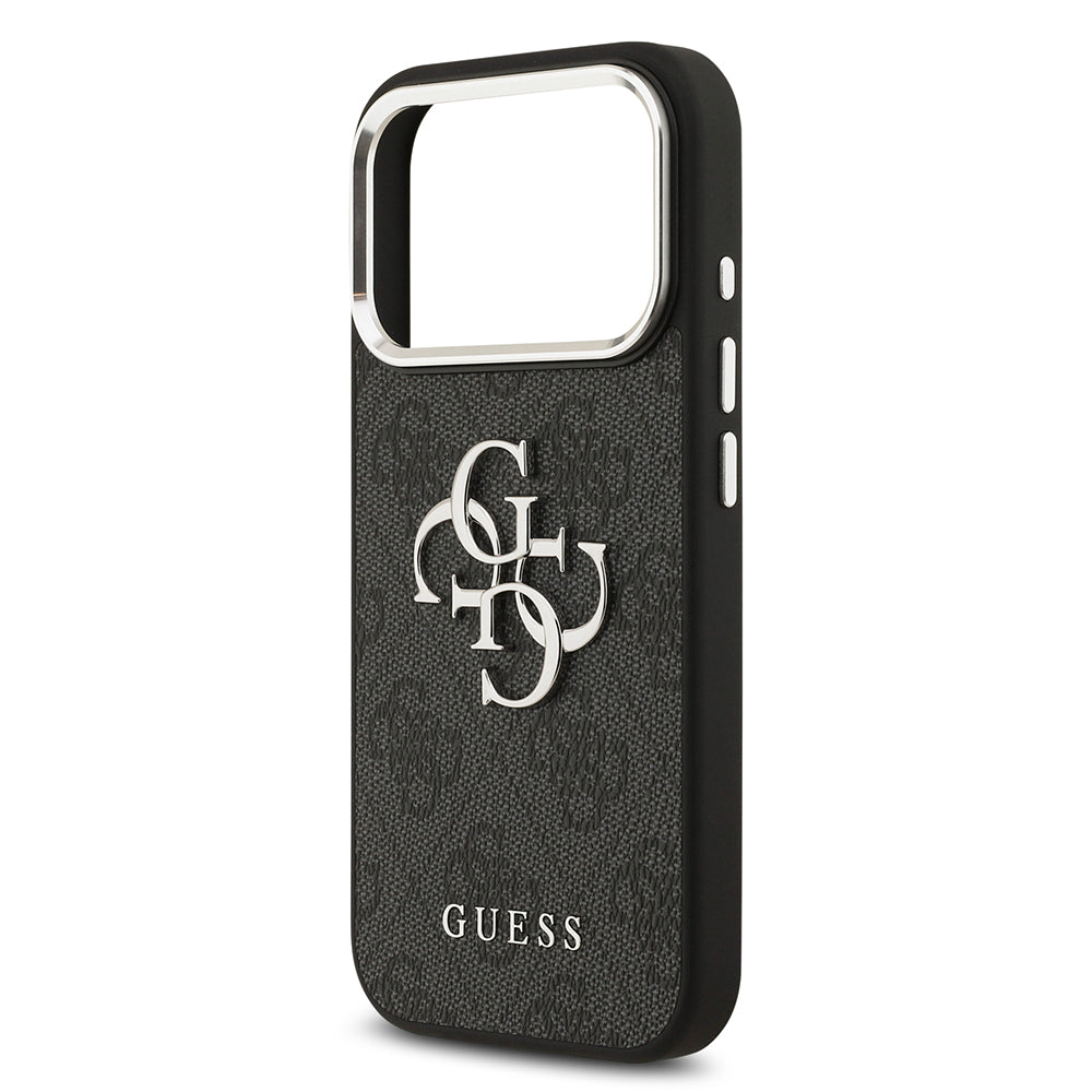iPhone 17 Pro Kılıf Guess Orjinal Lisanslı Gümüş Metal Kamera Çerçeveli 4G Desenli Metal Büyük 4G ve Yazı Logolu Kapak