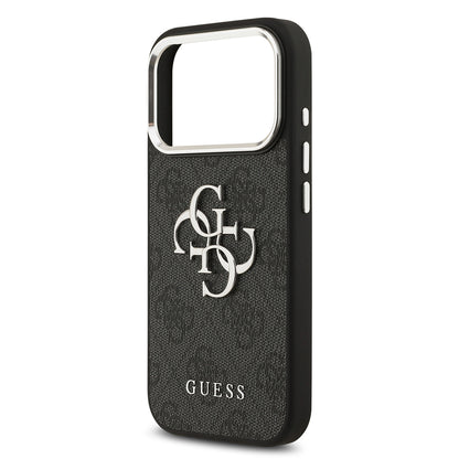 iPhone 17 Pro Kılıf Guess Orjinal Lisanslı Gümüş Metal Kamera Çerçeveli 4G Desenli Metal Büyük 4G ve Yazı Logolu Kapak