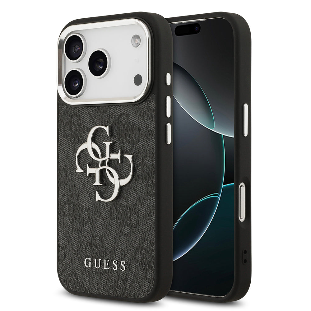 iPhone 17 Pro Kılıf Guess Orjinal Lisanslı Gümüş Metal Kamera Çerçeveli 4G Desenli Metal Büyük 4G ve Yazı Logolu Kapak