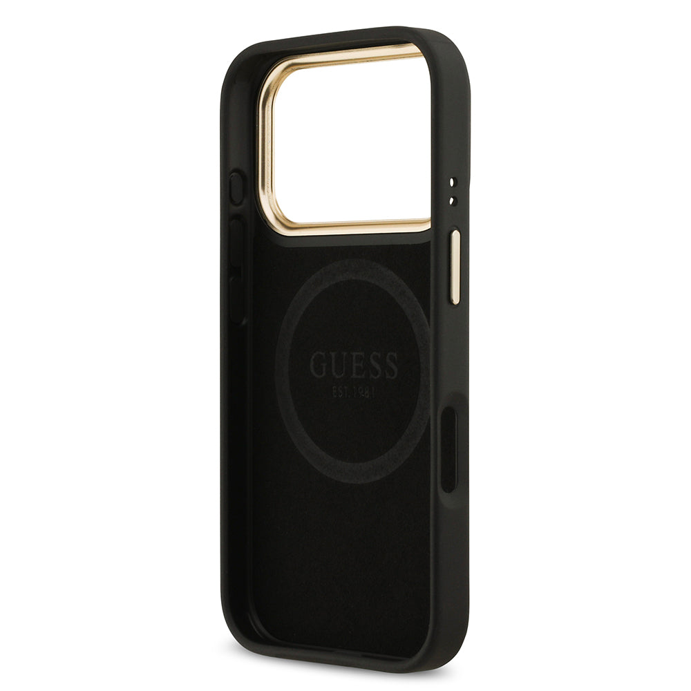 iPhone 17 Pro Kılıf Guess Orjinal Lisanslı M-safe Şarj Özellikli 4G Desenli PU Metal Plaka Klasik Logolu Kapak