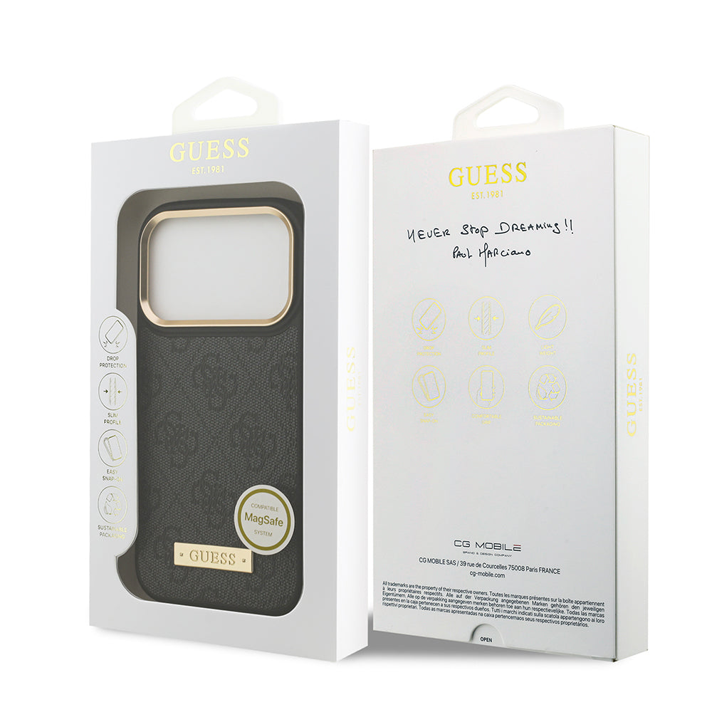 iPhone 17 Pro Kılıf Guess Orjinal Lisanslı M-safe Şarj Özellikli 4G Desenli PU Metal Plaka Klasik Logolu Kapak