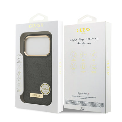 iPhone 17 Pro Kılıf Guess Orjinal Lisanslı M-safe Şarj Özellikli 4G Desenli PU Metal Plaka Klasik Logolu Kapak