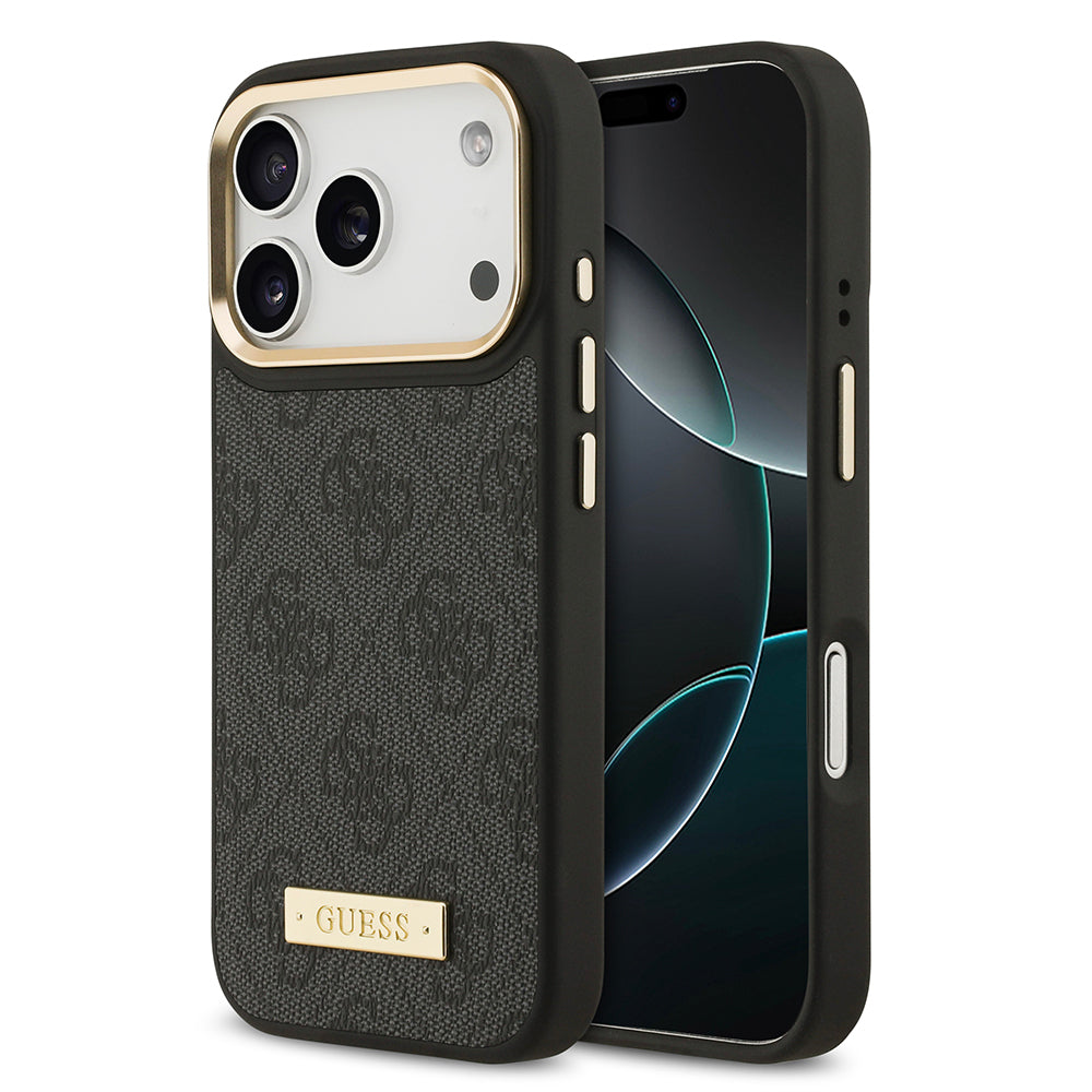 iPhone 17 Pro Kılıf Guess Orjinal Lisanslı M-safe Şarj Özellikli 4G Desenli PU Metal Plaka Klasik Logolu Kapak