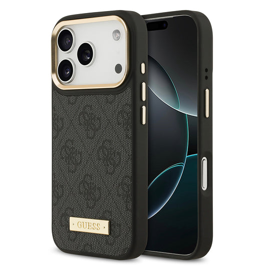 iPhone 17 Pro Kılıf Guess Orjinal Lisanslı M-safe Şarj Özellikli 4G Desenli PU Metal Plaka Klasik Logolu Kapak