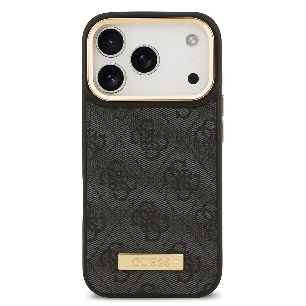 iPhone 17 Pro Kılıf Guess Orjinal Lisanslı M-safe Şarj Özellikli 4G Desenli PU Metal Plaka Klasik Logolu Kapak