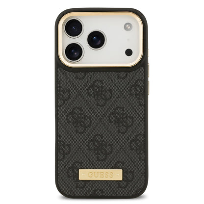 iPhone 17 Pro Kılıf Guess Orjinal Lisanslı M-safe Şarj Özellikli 4G Desenli PU Metal Plaka Klasik Logolu Kapak