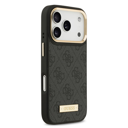 iPhone 17 Pro Kılıf Guess Orjinal Lisanslı M-safe Şarj Özellikli 4G Desenli PU Metal Plaka Klasik Logolu Kapak
