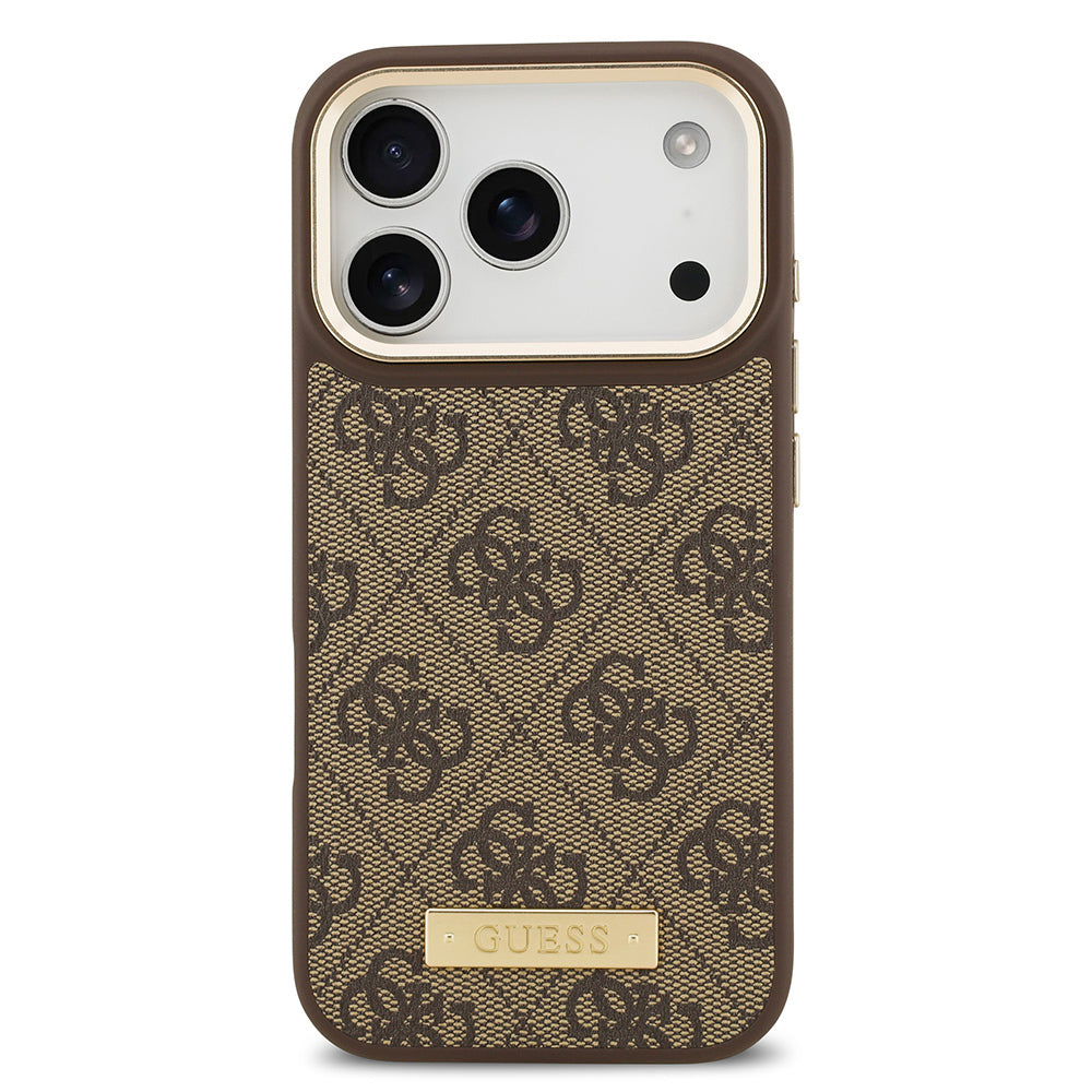 iPhone 17 Pro Kılıf Guess Orjinal Lisanslı M-safe Şarj Özellikli 4G Desenli PU Metal Plaka Klasik Logolu Kapak