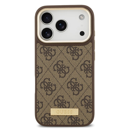 iPhone 17 Pro Kılıf Guess Orjinal Lisanslı M-safe Şarj Özellikli 4G Desenli PU Metal Plaka Klasik Logolu Kapak