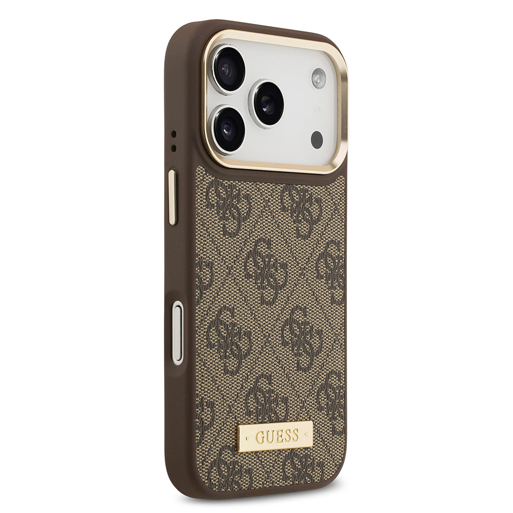 iPhone 17 Pro Kılıf Guess Orjinal Lisanslı M-safe Şarj Özellikli 4G Desenli PU Metal Plaka Klasik Logolu Kapak