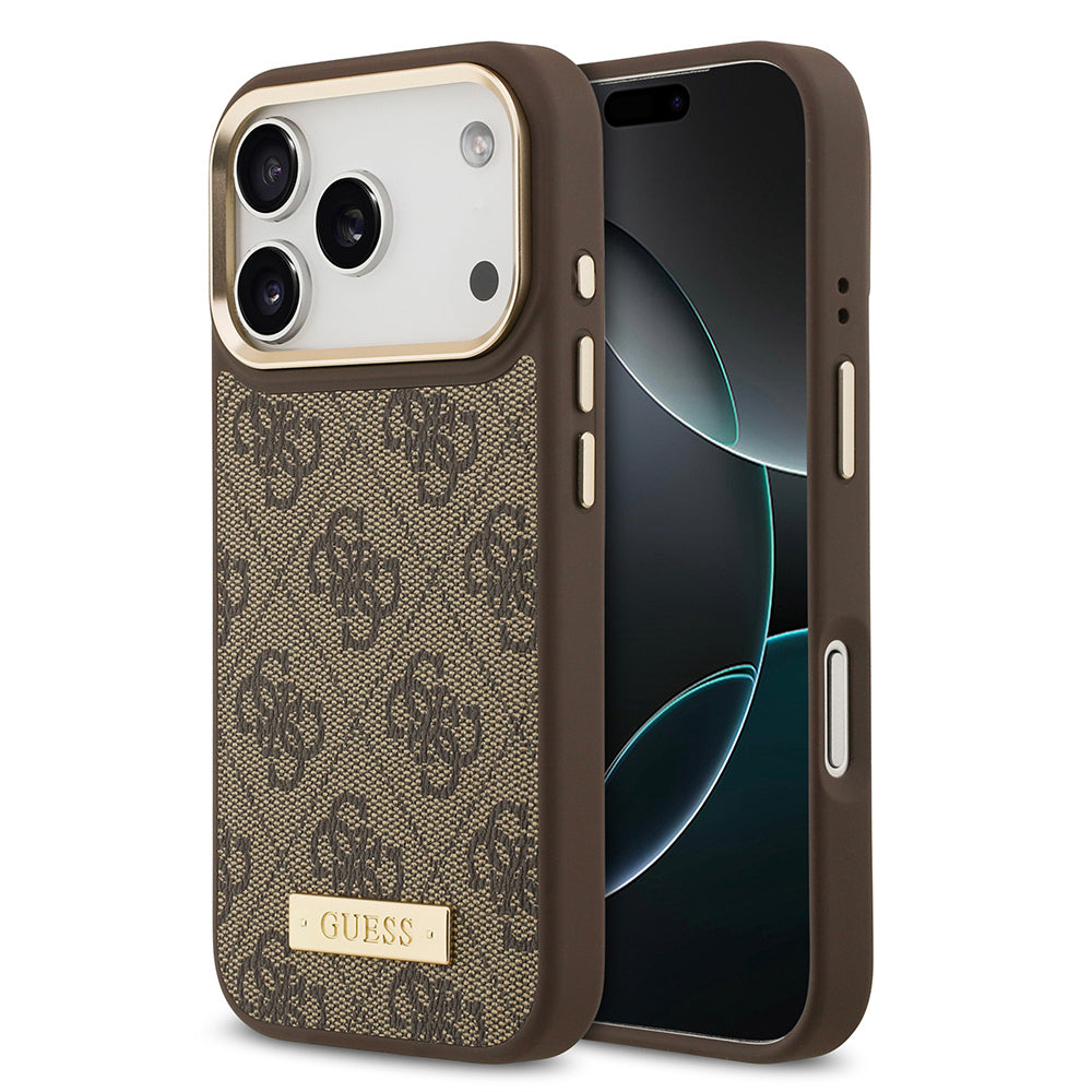 iPhone 17 Pro Kılıf Guess Orjinal Lisanslı M-safe Şarj Özellikli 4G Desenli PU Metal Plaka Klasik Logolu Kapak