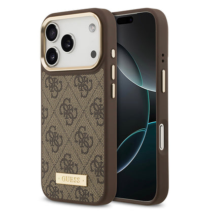 iPhone 17 Pro Kılıf Guess Orjinal Lisanslı M-safe Şarj Özellikli 4G Desenli PU Metal Plaka Klasik Logolu Kapak