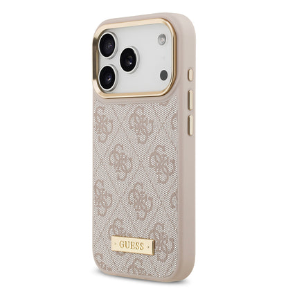 iPhone 17 Pro Kılıf Guess Orjinal Lisanslı M-safe Şarj Özellikli 4G Desenli PU Metal Plaka Klasik Logolu Kapak