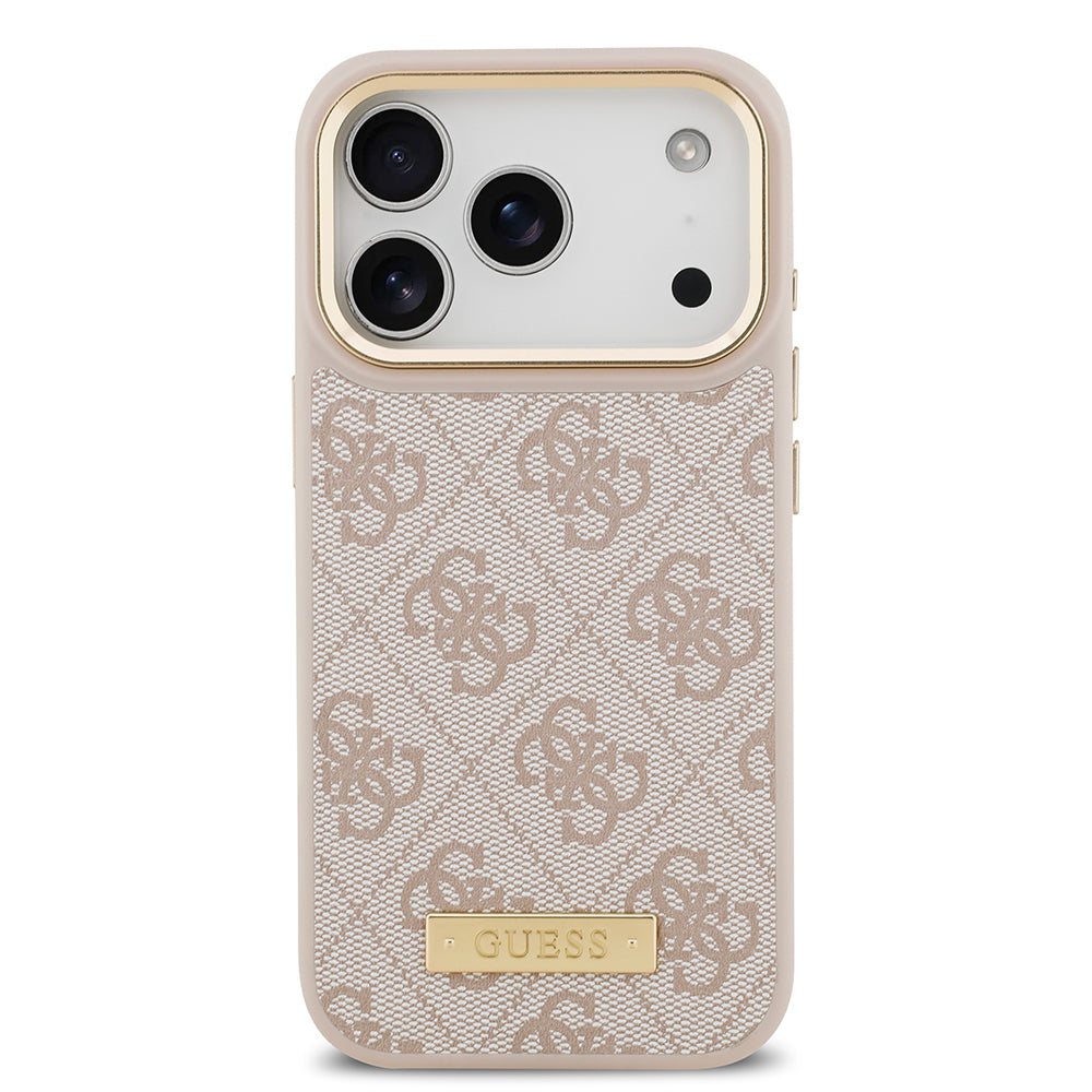 iPhone 17 Pro Kılıf Guess Orjinal Lisanslı M-safe Şarj Özellikli 4G Desenli PU Metal Plaka Klasik Logolu Kapak