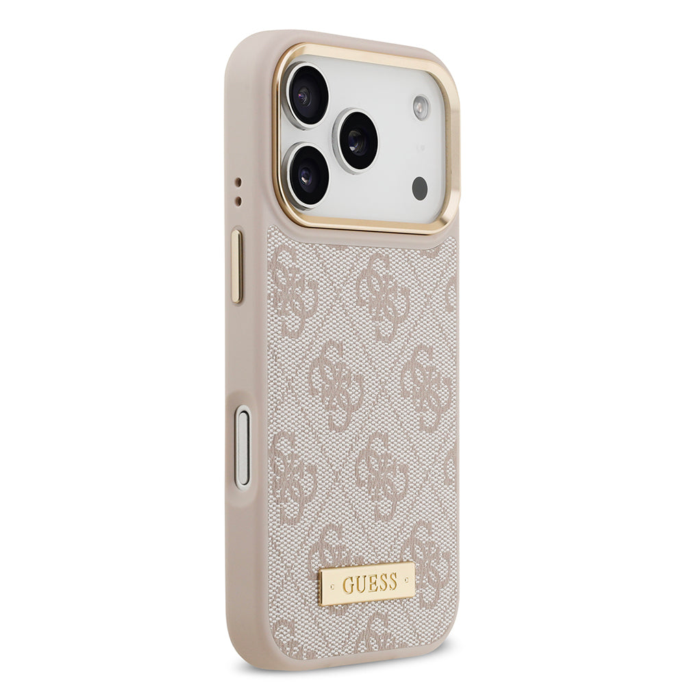 iPhone 17 Pro Kılıf Guess Orjinal Lisanslı M-safe Şarj Özellikli 4G Desenli PU Metal Plaka Klasik Logolu Kapak