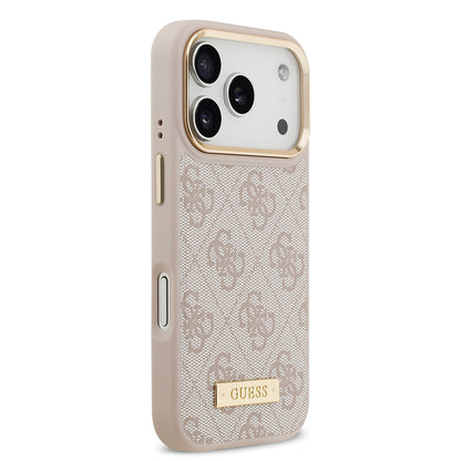 iPhone 17 Pro Kılıf Guess Orjinal Lisanslı M-safe Şarj Özellikli 4G Desenli PU Metal Plaka Klasik Logolu Kapak