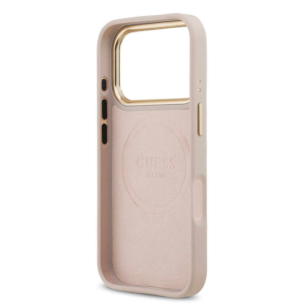 iPhone 17 Pro Kılıf Guess Orjinal Lisanslı M-safe Şarj Özellikli 4G Desenli PU Metal Plaka Klasik Logolu Kapak