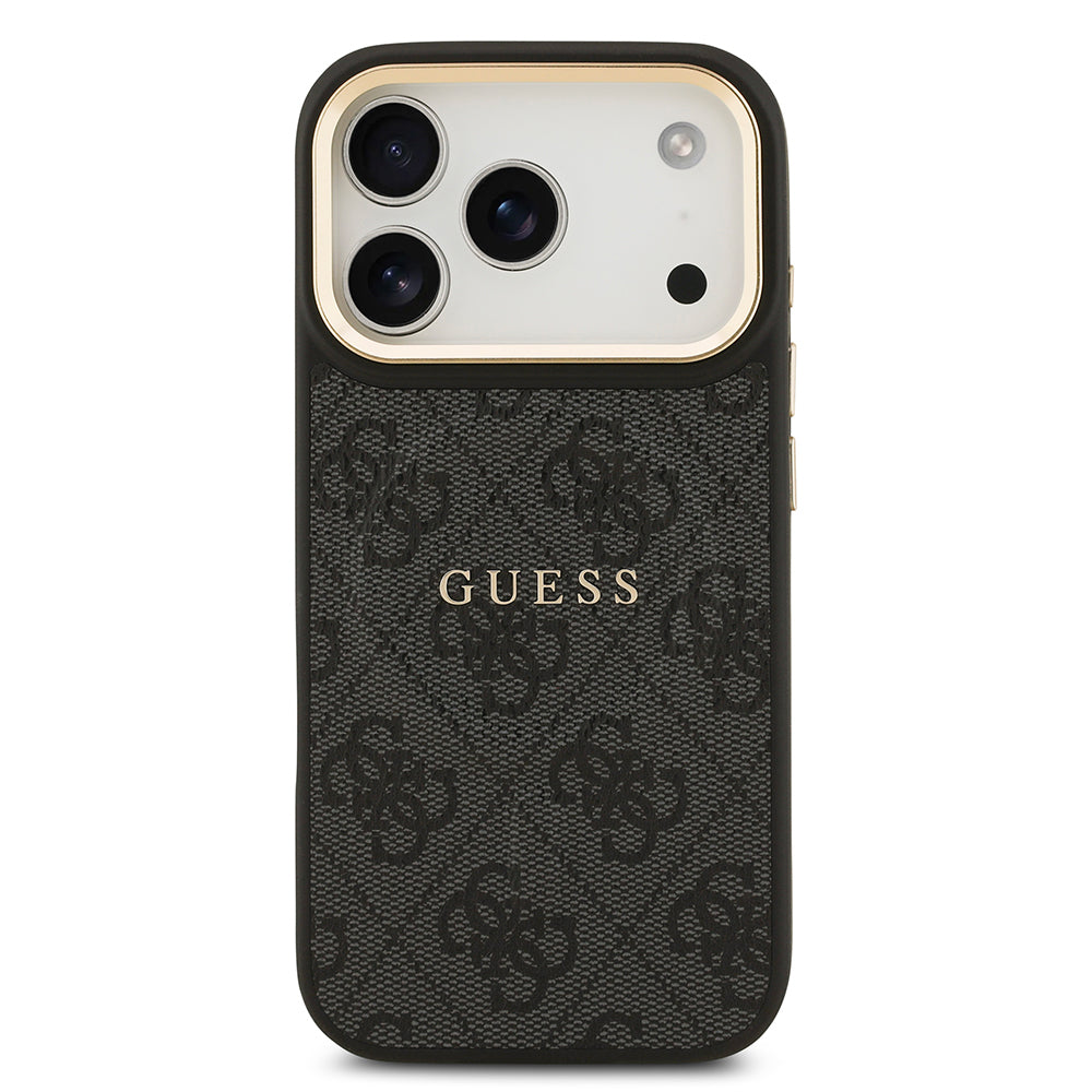 iPhone 17 Pro Kılıf Guess Orjinal Lisanslı M-safe Şarj Özellikli Gold Metal Kamera Çerçeveli PU Deri 4G Desenli Yazı Logolu Kapak