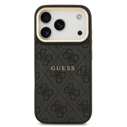 iPhone 17 Pro Kılıf Guess Orjinal Lisanslı M-safe Şarj Özellikli Gold Metal Kamera Çerçeveli PU Deri 4G Desenli Yazı Logolu Kapak