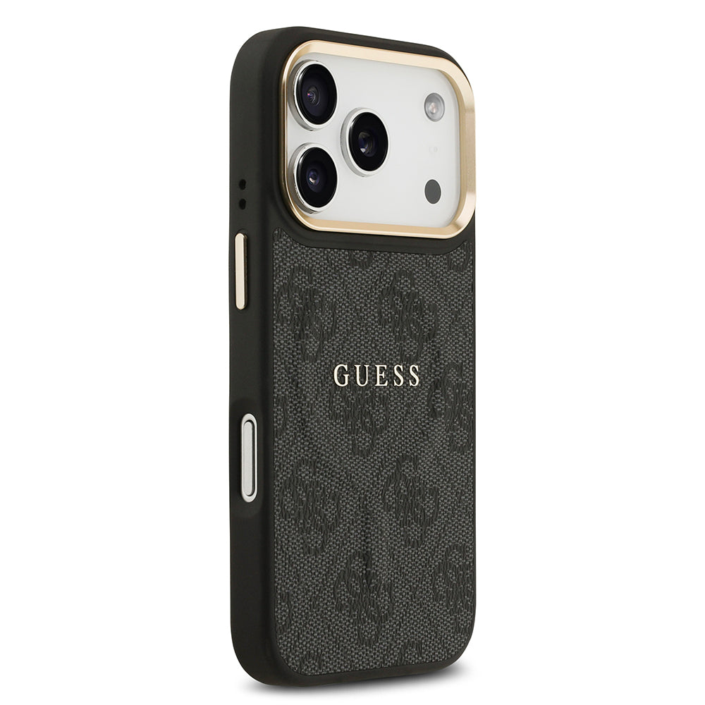 iPhone 17 Pro Kılıf Guess Orjinal Lisanslı M-safe Şarj Özellikli Gold Metal Kamera Çerçeveli PU Deri 4G Desenli Yazı Logolu Kapak