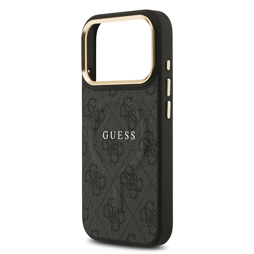 iPhone 17 Pro Kılıf Guess Orjinal Lisanslı M-safe Şarj Özellikli Gold Metal Kamera Çerçeveli PU Deri 4G Desenli Yazı Logolu Kapak