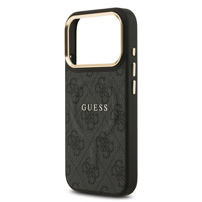 iPhone 17 Pro Kılıf Guess Orjinal Lisanslı M-safe Şarj Özellikli Gold Metal Kamera Çerçeveli PU Deri 4G Desenli Yazı Logolu Kapak