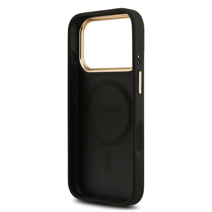 iPhone 17 Pro Kılıf Guess Orjinal Lisanslı M-safe Şarj Özellikli Gold Metal Kamera Çerçeveli PU Deri 4G Desenli Yazı Logolu Kapak