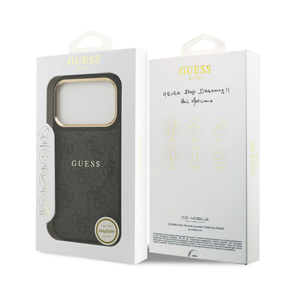 iPhone 17 Pro Kılıf Guess Orjinal Lisanslı M-safe Şarj Özellikli Gold Metal Kamera Çerçeveli PU Deri 4G Desenli Yazı Logolu Kapak