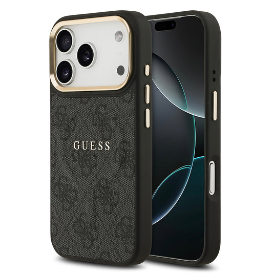 iPhone 17 Pro Kılıf Guess Orjinal Lisanslı M-safe Şarj Özellikli Gold Metal Kamera Çerçeveli PU Deri 4G Desenli Yazı Logolu Kapak