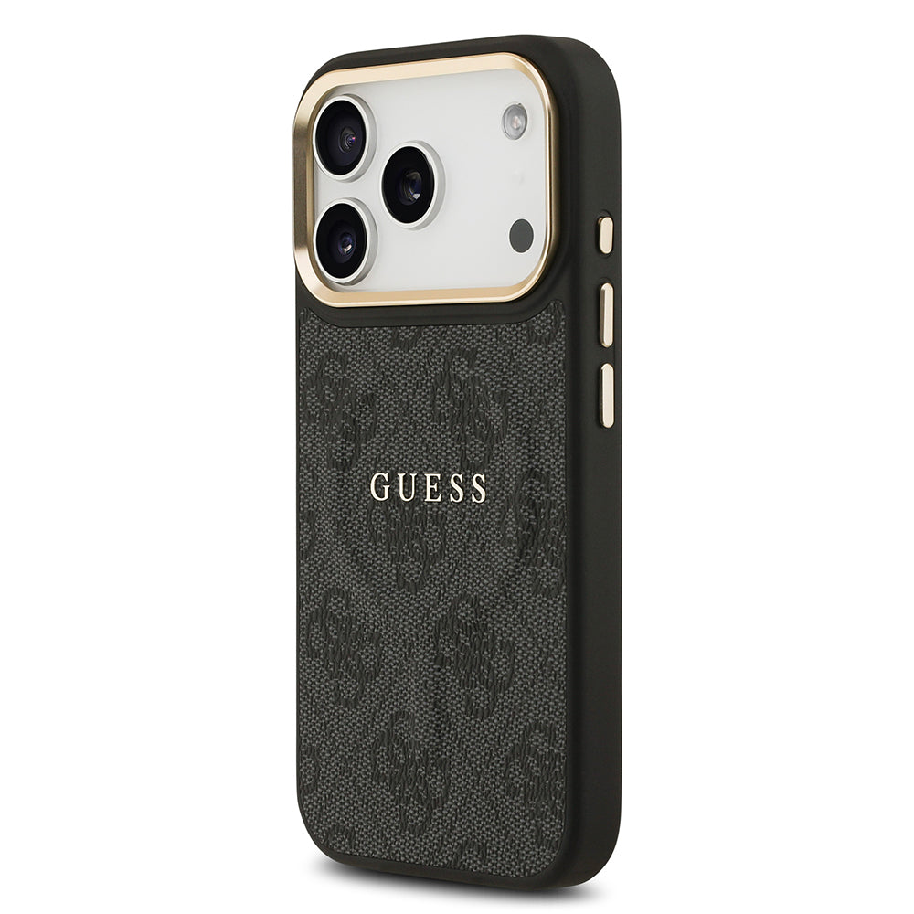 iPhone 17 Pro Kılıf Guess Orjinal Lisanslı M-safe Şarj Özellikli Gold Metal Kamera Çerçeveli PU Deri 4G Desenli Yazı Logolu Kapak