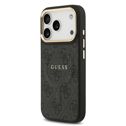iPhone 17 Pro Kılıf Guess Orjinal Lisanslı M-safe Şarj Özellikli Gold Metal Kamera Çerçeveli PU Deri 4G Desenli Yazı Logolu Kapak