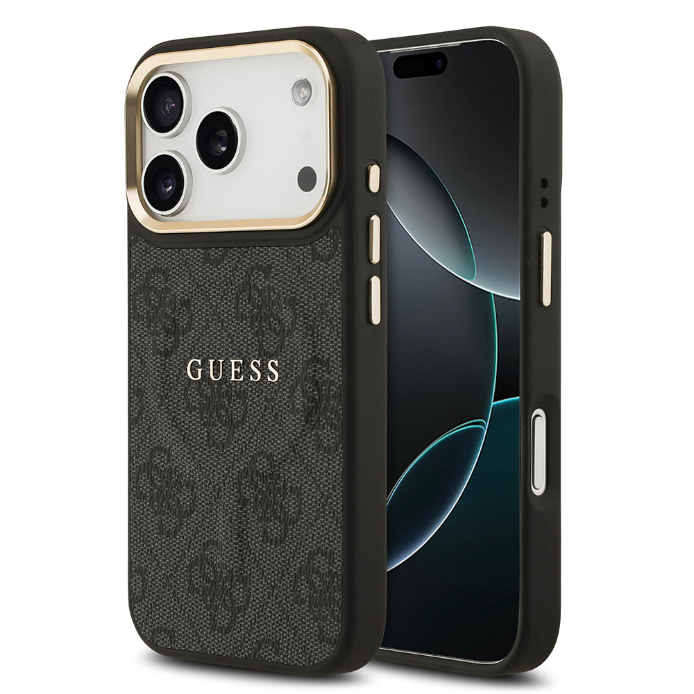 iPhone 17 Pro Kılıf Guess Orjinal Lisanslı M-safe Şarj Özellikli Gold Metal Kamera Çerçeveli PU Deri 4G Desenli Yazı Logolu Kapak