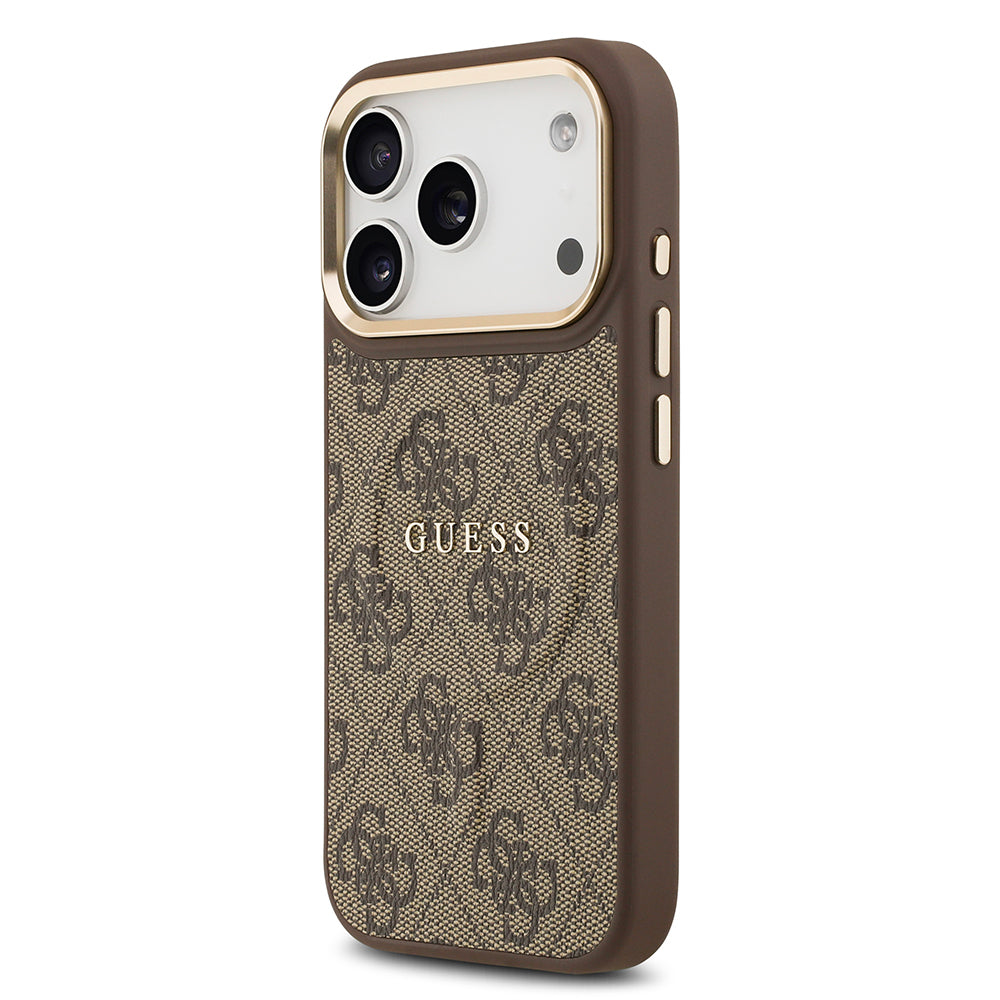 iPhone 17 Pro Kılıf Guess Orjinal Lisanslı M-safe Şarj Özellikli Gold Metal Kamera Çerçeveli PU Deri 4G Desenli Yazı Logolu Kapak
