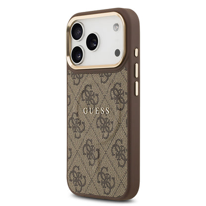 iPhone 17 Pro Kılıf Guess Orjinal Lisanslı M-safe Şarj Özellikli Gold Metal Kamera Çerçeveli PU Deri 4G Desenli Yazı Logolu Kapak