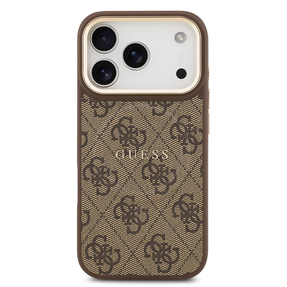 iPhone 17 Pro Kılıf Guess Orjinal Lisanslı M-safe Şarj Özellikli Gold Metal Kamera Çerçeveli PU Deri 4G Desenli Yazı Logolu Kapak