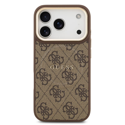 iPhone 17 Pro Kılıf Guess Orjinal Lisanslı M-safe Şarj Özellikli Gold Metal Kamera Çerçeveli PU Deri 4G Desenli Yazı Logolu Kapak