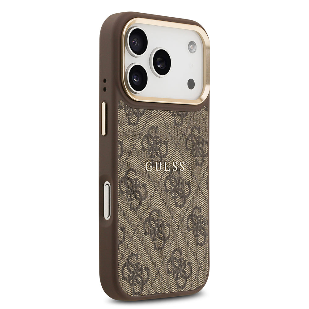 iPhone 17 Pro Kılıf Guess Orjinal Lisanslı M-safe Şarj Özellikli Gold Metal Kamera Çerçeveli PU Deri 4G Desenli Yazı Logolu Kapak