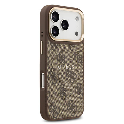 iPhone 17 Pro Kılıf Guess Orjinal Lisanslı M-safe Şarj Özellikli Gold Metal Kamera Çerçeveli PU Deri 4G Desenli Yazı Logolu Kapak