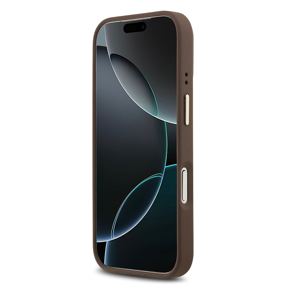 iPhone 17 Pro Kılıf Guess Orjinal Lisanslı M-safe Şarj Özellikli Gold Metal Kamera Çerçeveli PU Deri 4G Desenli Yazı Logolu Kapak