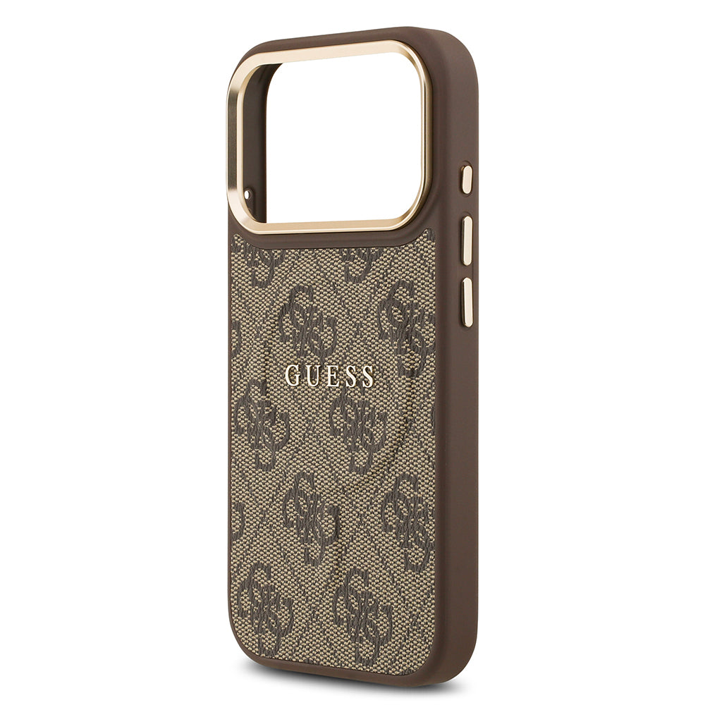 iPhone 17 Pro Kılıf Guess Orjinal Lisanslı M-safe Şarj Özellikli Gold Metal Kamera Çerçeveli PU Deri 4G Desenli Yazı Logolu Kapak
